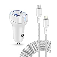 USB C Lightning Cord with 38W iPhone Car Charger for Apple 14 Pro Max 14Pro 13 12 11 10 SE X XR XS 8 7 6 6s Plus, iPad Pro, iPad Air, Airpods, Lighter Adapter Block - USB-C Braided Lightning Cable