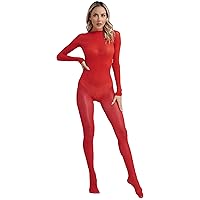 Women's Long Sleeve High Elastic Bodysuits Silky Glossy Sheer Bodystocking One Piece Jumpsuits