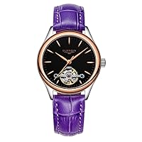 Guanqin Women's Automatic Watch with Scratch Resistant Sapphire Crystal Glass Stainless Steel Leather Strap Self-Winding Watches for Women