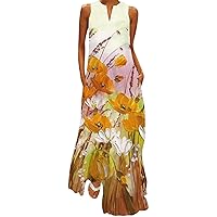 Plus Size Long Maxi Sundress Women's Funny Floral Print Tank Dress Summer Sleeveless V Neck Beach Dress with Pockets