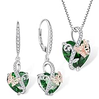 Butterfly Heart Earrings Necklace Set Jewelry for Women 925 Sterling Silver Emerald Cubic Zirconia Gifts for Her