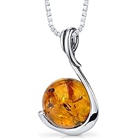 PEORA Genuine Baltic Amber Pendant Necklace for Women 925 Sterling Silver, Rich Cognac Color Solitaire Ball with 18 inch Chain