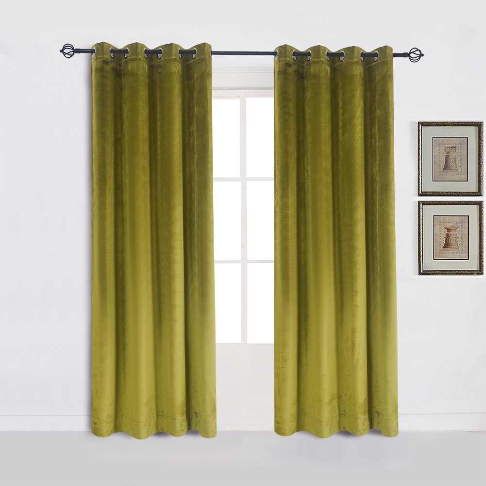 Cherry Home Super Soft Luxury Velvet Moss Green Thermal Blackout Curtain Panel Drapes Grommet Draperies Eyelet 52Wx108L inch Green Yellow,2 Panels