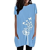 Summer Tops for Teens,Womens Short Sleeve Tunic Tops for Leggings with Pockets 2024 Fashion Long Basic Sweatshirt