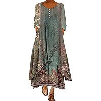 Womens Bohemian Floral Printed Dress Long Sleeve Irregular Hem Maxi Dress Plus Size Boho Flowy Linen Summer Dress