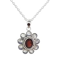 NOVICA Handmade .925 Sterling Silver Rainbow Moonstone Garnet Pendant Necklace Red White India Floral Birthstone 'Radiant Flower'