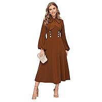 Dresses for Women Tie Neck Double Button Detail Lantern Sleeve Dress (Color : Brown, Size : X-Small)