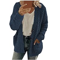 Women's Fuzzy Popcorn Button Down Long Sleeve Cardigan Knit Oversized Sherpa Sweater Cozy Plus Size Coat with Pockets