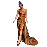 Metallic Satin Mermaid Prom Dresses Sparkly One Shoulder Bridesmaid Dress Corset Formal Evening Party Gowns with Slit