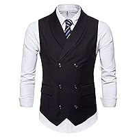 Men Double Breasted Suit Vest, Black and Gray Lapel Dress Waistcoat Groomsmen Casual Formal Black and Gray Vest for Prom Banquet (Color : Black, Size : X-Small)