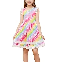 JESKIDS Girls Unicorn Tie Dye Dress Flutter Sleeve Casual Twirl Dresses Print Sundress 3-9T