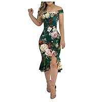 Women's Sexy Cocktail Dresses 2023 Summer Floral Print Cold Shoulder Sleeve Hip Side Split Bohemia Hawaii Dress