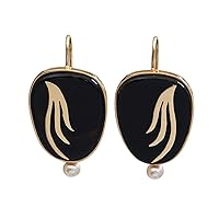 NOVICA Handmade .925 Sterling Silver 18k Gold Accented Agate Drop Earrings Black Feather Motif Cultured Freshwater Pearl Brazil Abstract Birthstone [1.4 in L x 0.8 in W x 0.2 in D] 'Golden Feather'