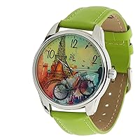 ZIZ Paris Green Band Watch Unisex Wrist Watch, Quartz Analog Watch with Leather Band