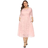 Women Elegant Plus Size Floral Lace Dresses A-Line Evening Wedding Cocktail Party Formal Guest Swing Midi Dress with Pockets