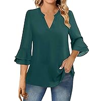 Womens Casual Tops 3/4 Cuffed Sleeve Chiffon Solid Color Tops V Neck Casual Blouse Shirt Tops Polo Shirts for Women