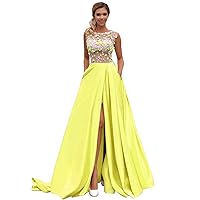 3D Flower Prom Dress Sleeveless A Line Long Homecoming Dress Satin Beading High Split Summer Party Dress
