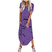Women's Casual Loose Pocket Long Dress Short Sleeve Slit Midi Dress Summer Dress 2024 Holiday Vacation Casual Dresses C-Purple