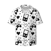 Heart Shape and Gamepad Men's Summer Short-Sleeved Shirts, Casual Shirts, Loose Fit with Pockets