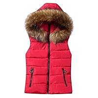 Womens Faux Fur Hood Thickened Vest Sleeveless Winter Warm Zip Up Down Coat Lightweight Casual Fashion Padded Coats