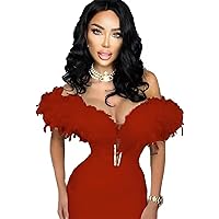 FURINFASHION GR-157 Woman’s Tube Sexy Bandage Evening Dress with Fluffy Big Feather V-Neck Luxury Party Slim Dresses