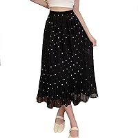 Womens Layered Chiffon Polka Dot Skirt Elastic High Waist Pleated Midi A Line Skirts Swing Skirt with Lining