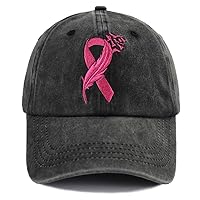 Pink Ribbon Breast Cancer Awareness Hats for Women, Embroidered Adjustable Cotton Denim Baseball Cap