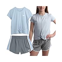 Reebok Girls' Shorts Set - 2 Piece Short Sleeve T-Shirt and Soft Woven Gym Shorts - Summer Athletic Set for Girls (7-12), Size 10, Pale Light Blue