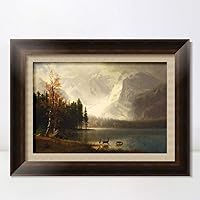 INVIN ART Framed Canvas Art Giclee Print Estes Park,Colorado,Whytes Lake by Albert Bierstadt Wall Art Living Room Home Office Decorations(Vintage Brown Frame with Linen Liner,24