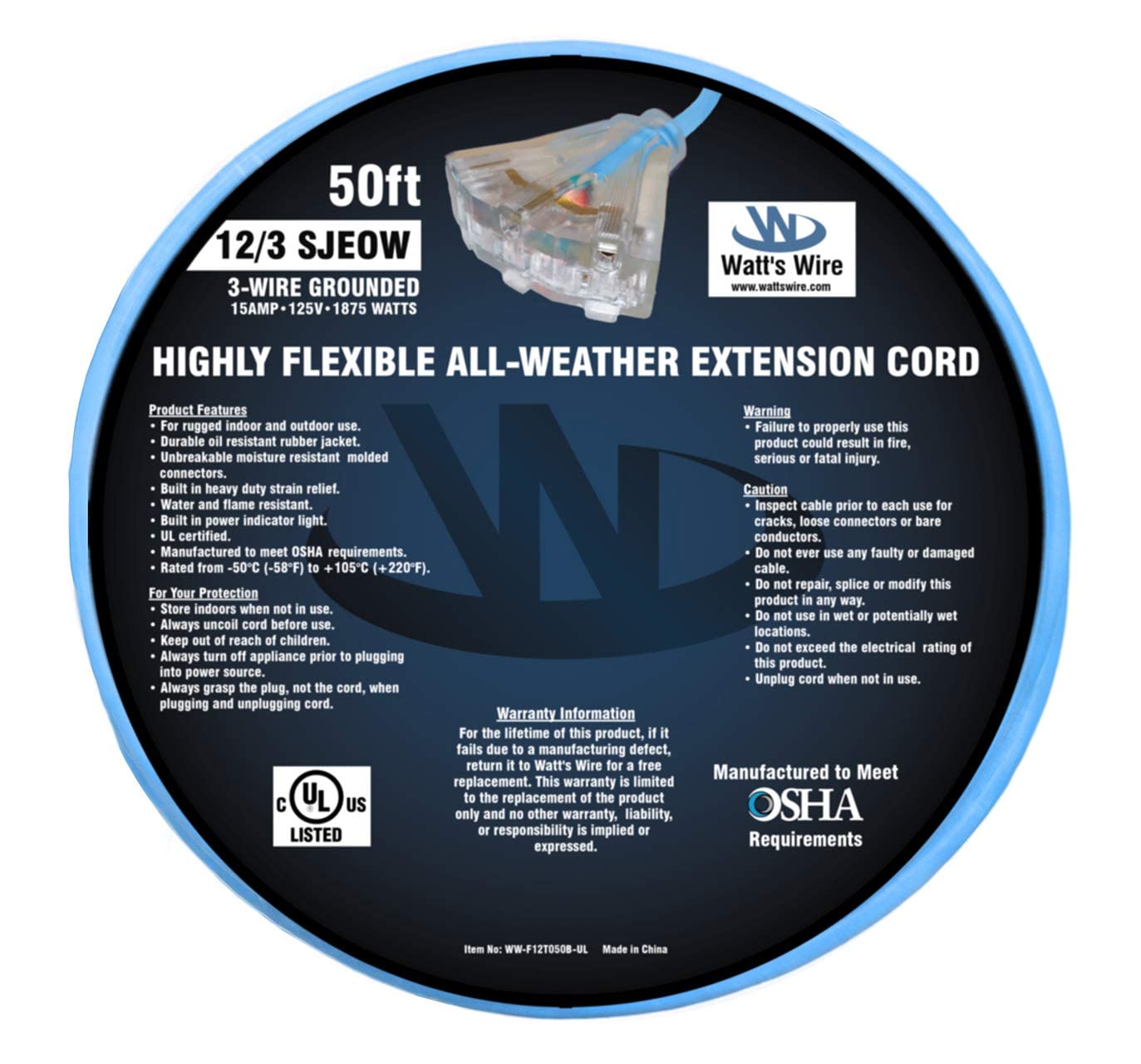 50-ft Extreme 12/3 Heavy Duty 3-Outlet Lighted SJEOW Oil-Resistant Flexible Extension Cord by Watt's Wire - 12-Gauge 15-Amp Grounded (50 Foot 12-Awg Blue)