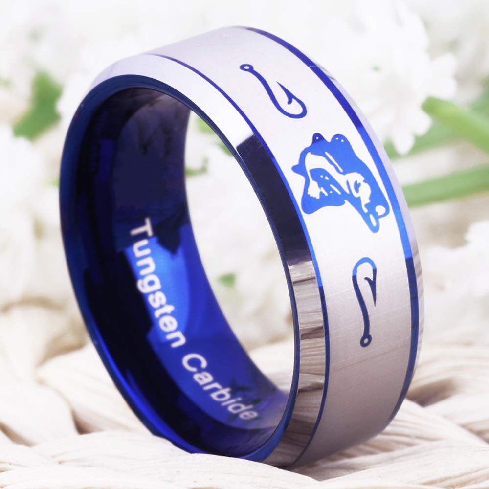 FREE Custom Engraving Blue Tungsten Wedding Bands Bass Ring Fishing Ring Fish Hooks Ring Hunting Ring