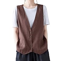 COTECRAM Cotton Linen Vest for Women 2023 Casual Sleeveless Button Down Jacket Lightweight Summer Loose Vests Outerwear