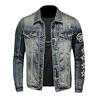 in Denim Jacket Men Star Patch Design Ripped Hole Jeans Spring Autumn Blue Single Breasted Coat