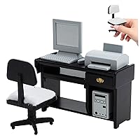 Furniture Miniature Desk 1/12 Wooden Dolls House Furniture Simulation Dollhouse Office Table Chair with Miniature Computer and Printer for Dollhouse Accessories