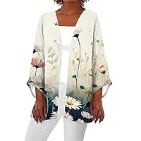 Women Floral Print Lightweight Summer Casual Kimono Cardigan 3/4 Sleeve Loose Beach Wear Boho Cover Up Blouse Top