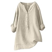 Women's Cotton Linen Button Down Henley Shirts 3/4 Roll-Up Sleeve V Neck T-Shirts Plus Size Solid Color Tunic Blouse