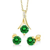 Gem Stone King 18K Yellow Gold Plated Silver Simulated Emerald Pendant and Earrings Jewelry Set 2.40 cttw, With 18 Inch Silver Chain