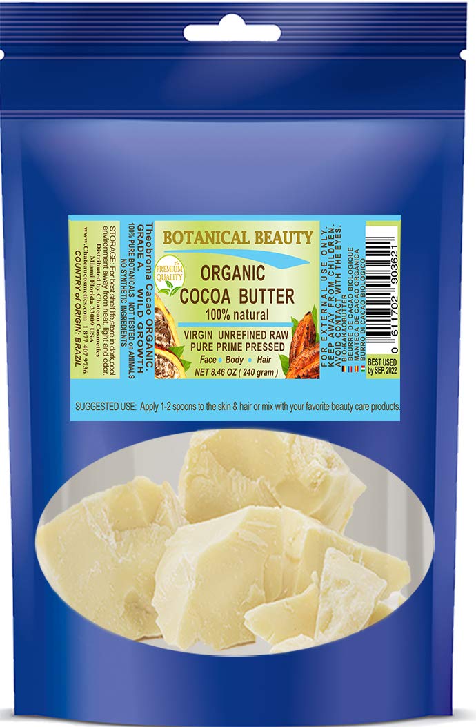 100% Pure ORGANIC COCOA BUTTER WILD GROWTH RAW VIRGIN UNREFINED from BRAZIL Non-Deodorized Cacao Butter Antioxidant Natural Skin Moisturizer Vegan Non-GMO for Lotions, Cream, Hair Products, Food Grade, Smells Like Chocolate 8.46 oz 240 gram by Botanical B