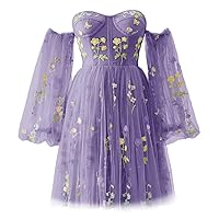 Wchecalino Puffy Sleeve Short Homecoming Dresses for Teens Flower Embroidery Tulle Mini Prom Party Gown