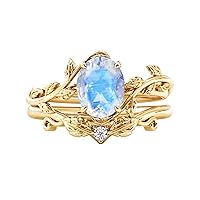 10K 14K 18K Solid Gold Natural Diamond Oval Vintage Gemstone Engagement Ring Set Leaf Art Deco Ring Set Oval Cut Unique Vine Gemstone Bridal Wedding Ring Set Size 4~12