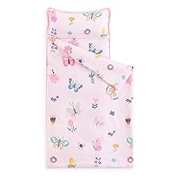 Wake In Cloud - Extra Long Nap Mat with Removable Pillow for Kids Toddler Boys Girls Daycare Preschool Kindergarten Sleeping Bag, Butterfly and Flowers Printed on Pink,100% Soft Microfiber