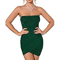 Sexy Off Shoulder Mesh Bodycon Corset Tube Dress Party Ruched Vintage Strapless Zipper Night Out Dresses for Women