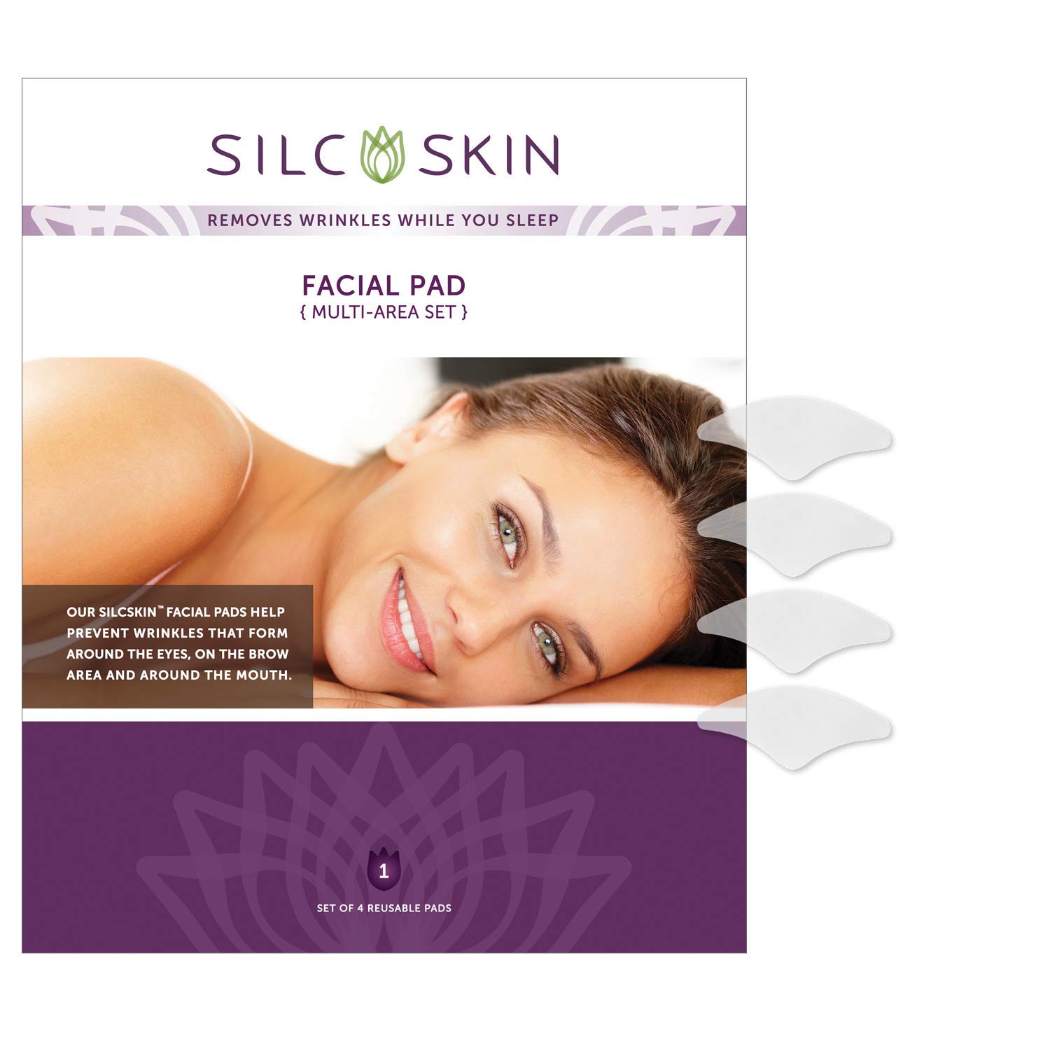 Silc Skin Facial Pad Multi-Area Set, Use for Wrinkles & Lines from Sun Aging Side Sleeping, Reusable Self Adhesive Medical Grade Silicone, 4 Individual Pads