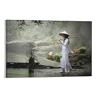 Posters Scene Poster Vietnamese Girl in Traditional Dress Carrying A Basket Poster Canvas Wall Art Prints for Wall Decor Room Decor Bedroom Decor Gifts 12x18inch(30x45cm) Frame-Style
