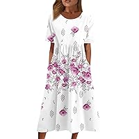 Summer Casual Dresses for Women 2023 Short Sleeve Floral Dress Loose Boho Beach Midi Dress Crewneck Tshirt Dress