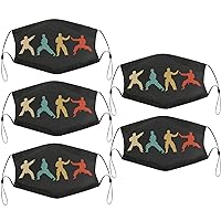 Retro Karate Judo Silhouette Martial Arts Kids Face Masks Set of 5 with 10 Filters Washable Reusable Breathable Black Cloth Bandanas Scarf for Unisex Boys Girls