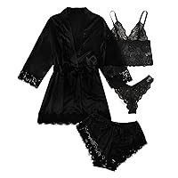 Women's Pajama Sets 4 Piece Satin Sleepwear Silk Robe+Lace Bra+Shorts+Panty Comfy Pjs Sets Soft Lounge Sets