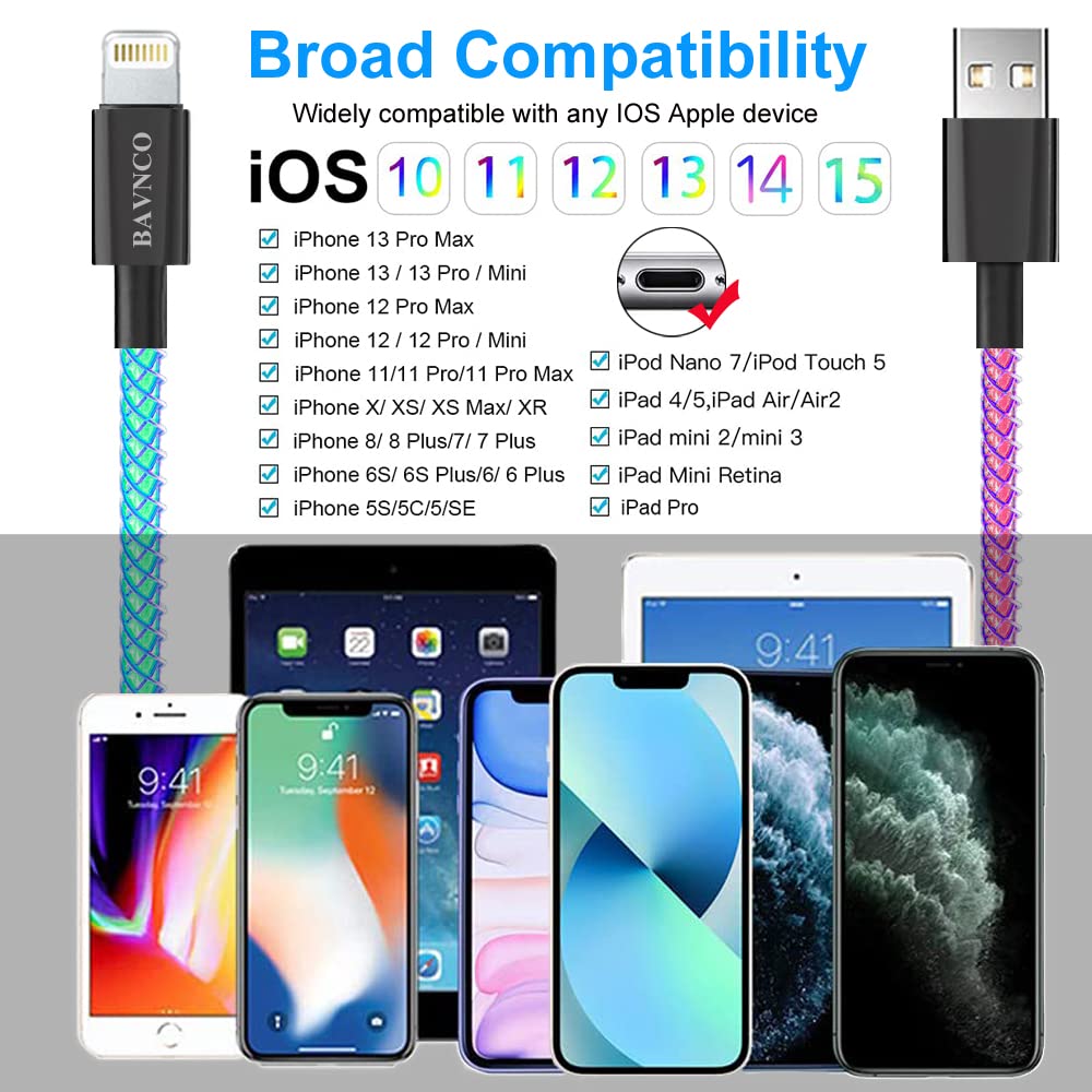 [Apple MFi Certified] iPhone Charger, BANVCO 3ft LED RGB Light Up Gradual USB to Lightning Fast Charging Cable High Speed Data Sync Cord for iPhone 14 13 12 11 Pro XS Max XR X 8 7 6 Plus SE More