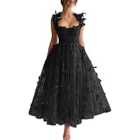 Tulle Tea Length Prom Dresses for Teens 3D Butterfly Lace Applique A Line Formal Evening Party Gown for Women