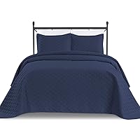 3-Piece Oversized Quilted Bedspread Coverlet Set - Navy Blue, King / California King